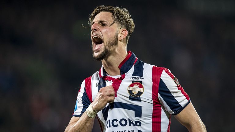 Fran Sol of Willem II celebrates scoring against PSV during their 5-0 win