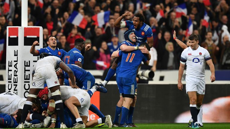 France celebrate after beating England in the 2018 Six Nations