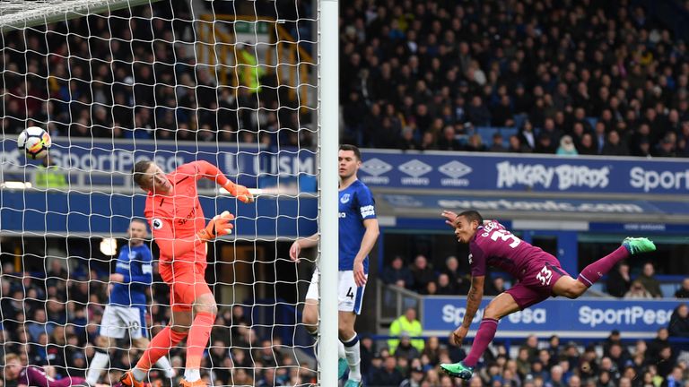 Gabriel Jesus makes it 2-0 during the Premier League match between Everton and Manchester City at Goodison Park on March 31, 2018