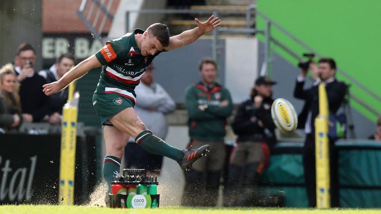 George Ford of Leicester Tigers kicks the match-winning penalty 