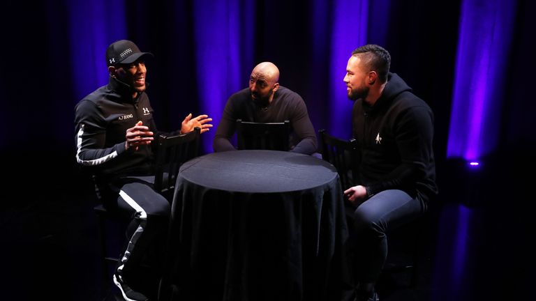 JOSHUA-PARKER UNIFICATION PROMOTION.THE GLOVES ARE OFF.SKY STUDIOS,.LONDON.PIC;LAWRENCE LUSTIG.WBA,IBF AND IBO WORLD HEAVYWEIGHT CHAMPION ANTHONY JOSHUA AND.WBO WORLD HEAVYWEIGHT CHAMPION JOSEPH PARKER DISCUSS THEIR UPCOMING FIGHT