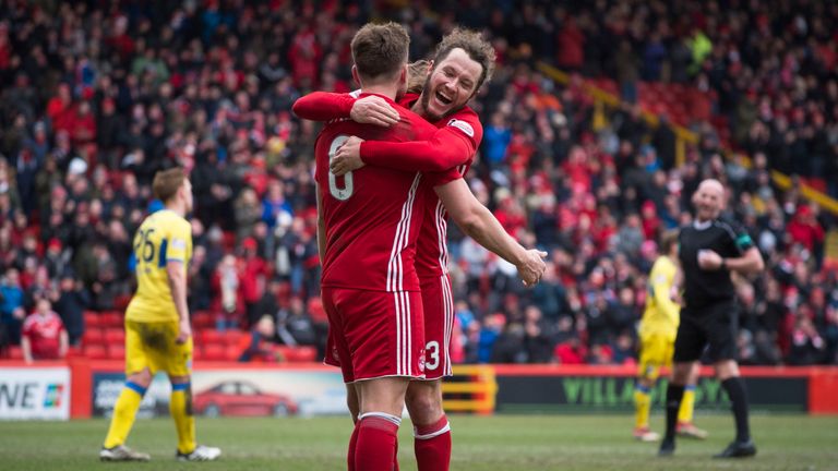 Aberdeen's Greg Stewart (L) celebrates his second goal with Stevie May