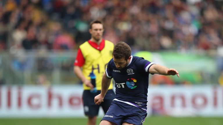 Greig Laidlaw of Scotland kicks a conversion during the NatWest Six Nations match between Italy and Scotland at Stadio Olimpico on March 17, 2018 in Rome, Italy.