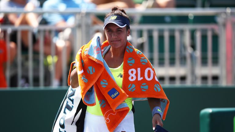 Heather Watson of Great Britain shows her dejection as she walks off court after her straight sets defeat by Beatriz Hadad Maia of Brazil in their first round match during the Miami Open Presented by Itau at Crandon Park Tennis Center on March 20, 2018 in Key Biscayne, Florida