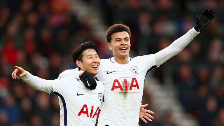 Dele Alli and Heung-Min Son celebrate Tottenham's second goal against Bournemouth