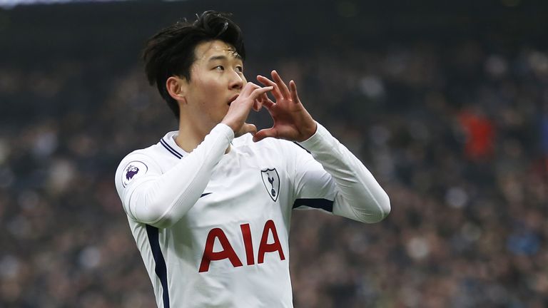 Heung-Min Son celebrates scoring the opening goal during the Premier League match between Tottenham Hotspur and Huddersfield at Wembley Stadium