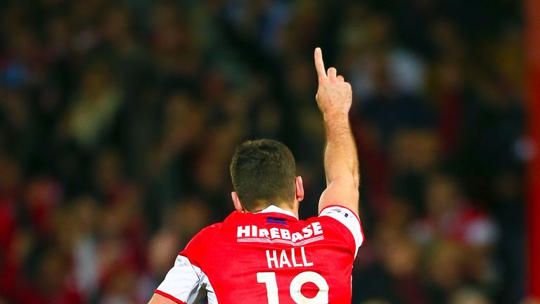 Hull KR's Craig Hall celebrates his drop-goal to win the game against Hull FC