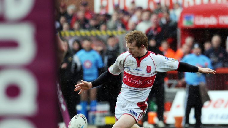 Hull KR's James Webster scores the winning point with a drop kick against Hull FC