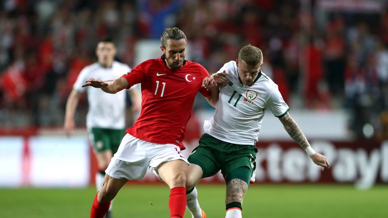 Turkey's Yusuf Yazici (left) and Republic of Ireland's James McClean (right) battle for the ball during the international friendly match at the Antalya Stadium. PRESS ASSOCIATION Photo. Picture date: Friday March 23, 2018. See PA story SOCCER Turkey. Photo credit should read: Tim Goode/PA Wire. RESTRICTIONS: Editorial use only, No commercial use without prior permission.