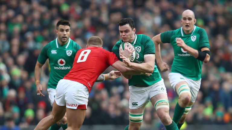 James Ryan (R) is tackled during the NatWest Six Nations match between Ireland and Wales at Aviva Stadium on February 24, 2018