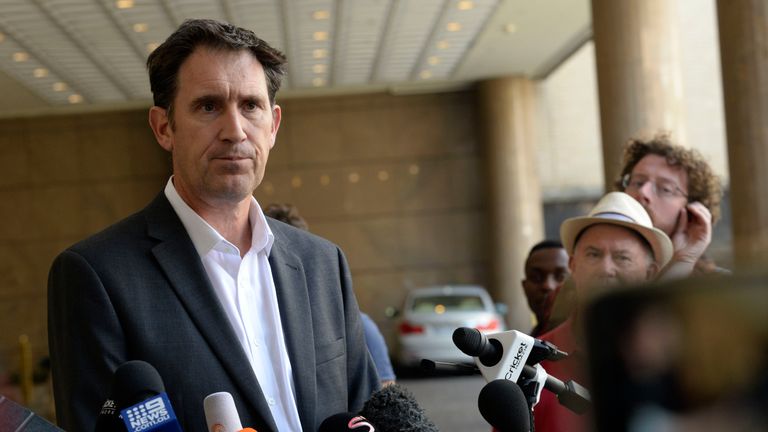 Cricket Australia CEO James Sutherland speaks to the media during the Cricket Australia press conference at Sandton Towers on March 28, 2018 in Johannesburg