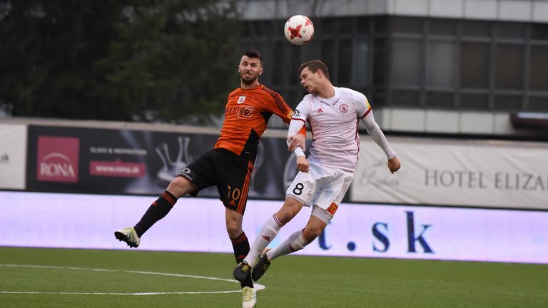 Englishman Jamie Lawrence competes for a header while playing for AS Trencin in Slovakia [Credit: AS Trencin]
