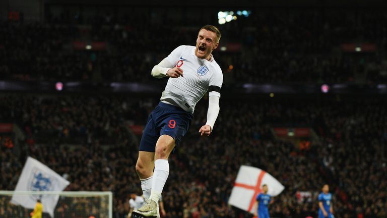 Jamie Vardy celebrates after scoring the opening goal