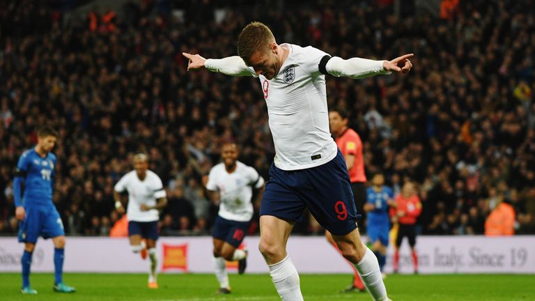 LONDON, ENGLAND - MARCH 27:  Jamie Vardy of England celebrates after scoring the opening goal during the friendly match between England and Italy at Wembley Stadium on March 27, 2018 in London, England.  (Photo by Claudio Villa/Getty Images)