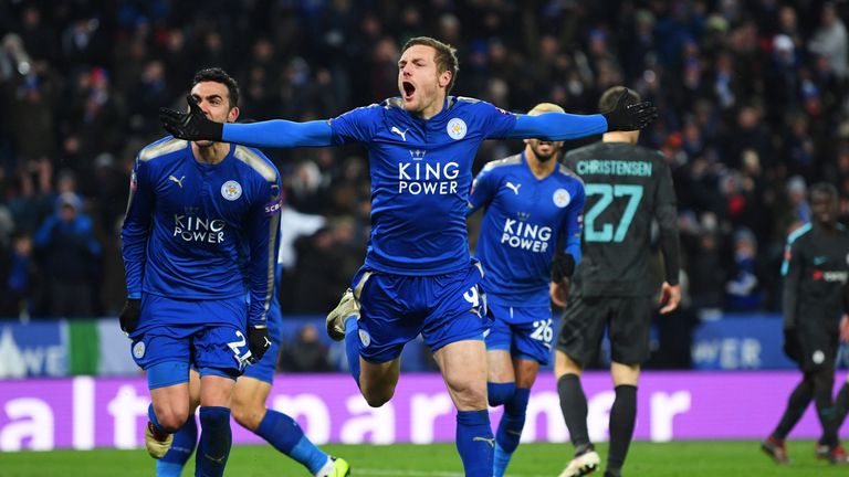 Jamie Vardy of Leicester City (9) celebrates as he scores their first goal during The Emirates FA Cup Quarter Final match between Leicester City and Chelsea at The King Power Stadium on March 18, 2018 in Leicester, England