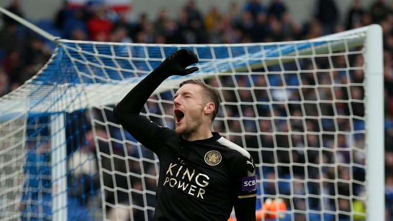 Jamie Vardy celebrates after making it 2-0