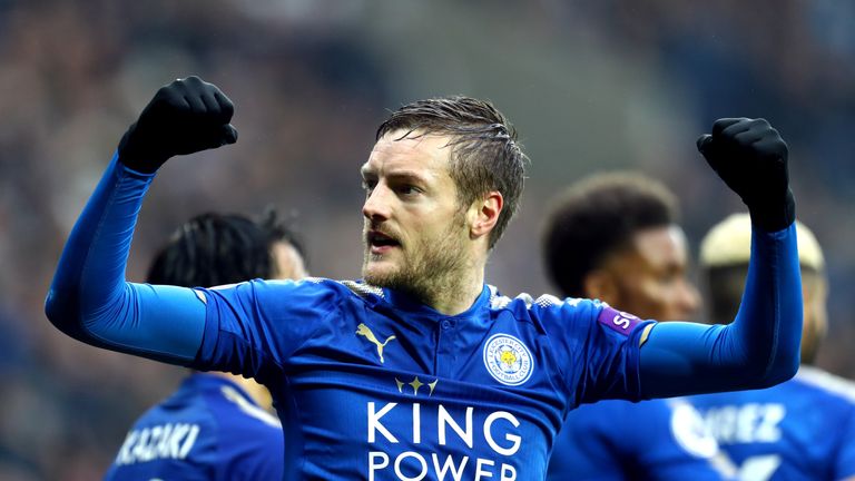 Jamie Vardy celebrates after scoring for Leicester against West Brom