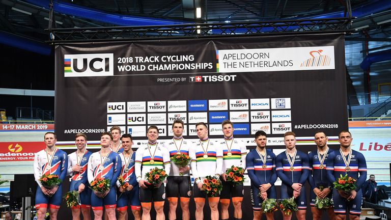 From (L) Britain silver medallists Jason Kenny, Jack Carlin, Ryan Owens, Joseph Truman Philip Hindes (C) Netherland's gold medallists Nils van Thoenderdaal