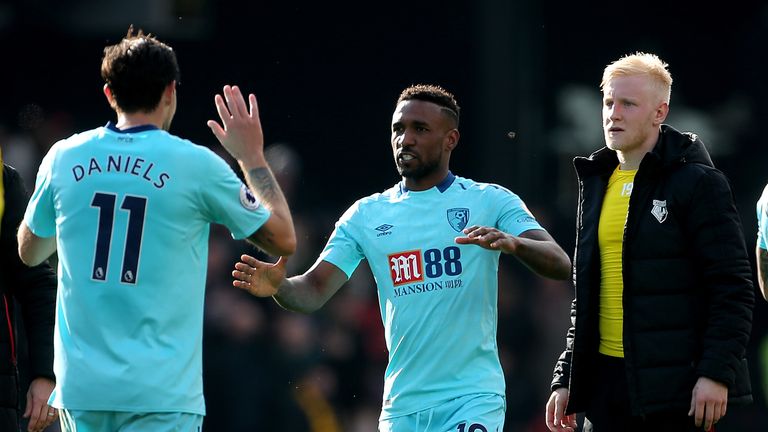 Bournemouth's Jermain Defoe celebrates scoring an injury-time equaliser against Watford at Vicarage Road