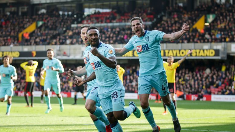 Jermaine Defoe celebrates after scoring a late equaliser for Bournemouth at Vicarage Road