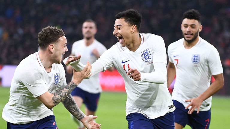 Jesse Lingard celebrates first goal for England vs Holland