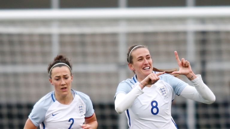 England midfielder Jill Scott (R) celebrates her goal against France with teammate defender Lucy Bronze during the first half of a SheBelieves Cup match at Mapfre Stadium in Columbus, Ohio