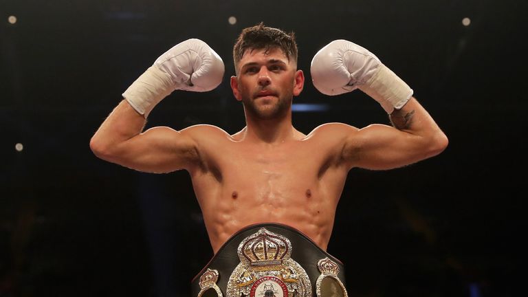 Joe Cordina poses after victory over Hakim Ben Ali in their WBA International Lightweight Championship contest at the Principality Stadium on March 31, 2018