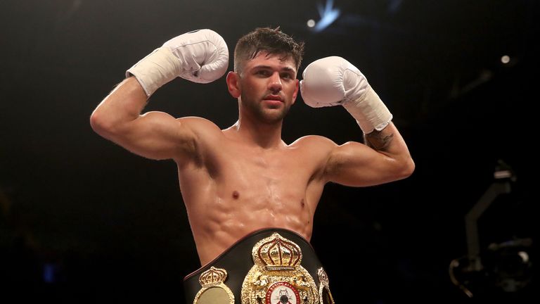 Joe Crodina celebrates victory against Hakim Ben Ali after their WBA International Lightweight Championship contest at the Principality Stadium