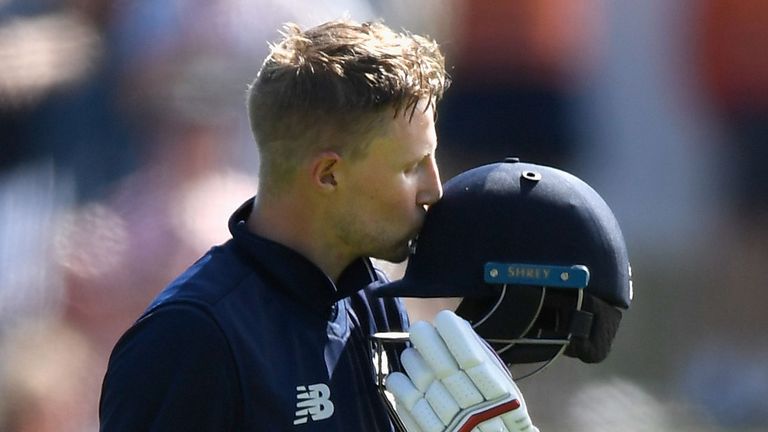 Joe Root celebrates his hundred against New Zealand in the fourth ODI