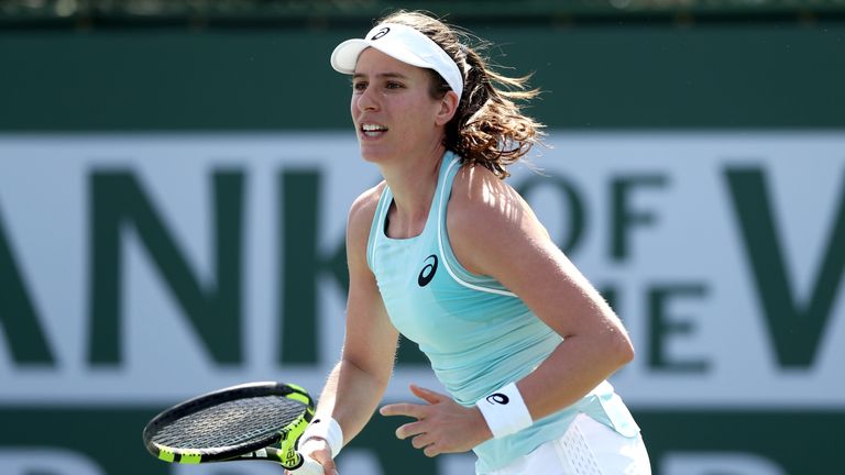 Johanna Konta of Great Britain plays Marketa Vondrousova of Czech Republic during the BNP Paribas Open at the Indian Wells Tennis Garden on March 9, 2018 in Indian Wells, California