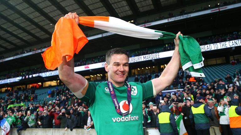 Ireland's Johnny Sexton celebrates winning the Grand Slam 