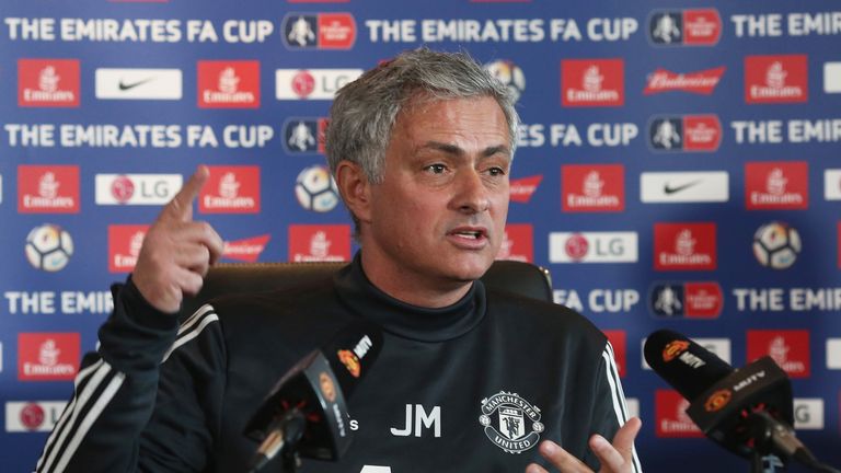 Jose Mourinho speaks during a press conference at Manchester United's Aon Training Complex on March 16, 2018