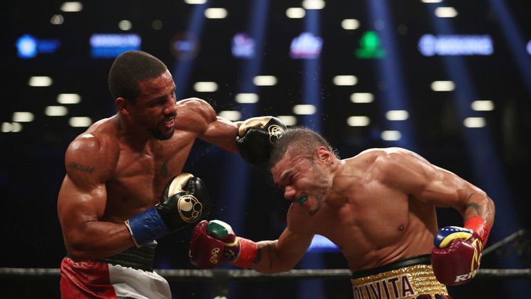 NEW YORK, NY - MARCH 03:  Andre Dirrell punches Jose Uzcategui during their IBF interim super middleweight title fight at Barclays Center on March 3, 2018 in the Brooklyn Borough of New York City.  (Photo by Al Bello/Getty Images)