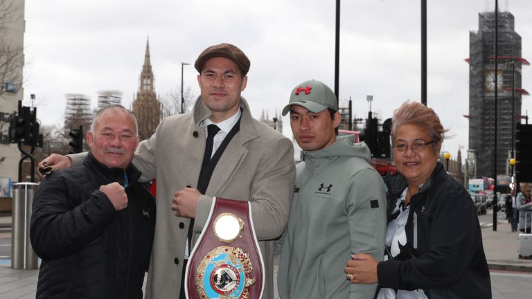 JOSHUA-PARKER PROMOTION.PRESS CONFERENCE.PARK PLAZA,HOTEL,.WESTMINSTER,LONDON.PIC LAWRENCE LUSTIG.ITS A FAMILY AFFAIR WBO WORLD HEAVYWEIGHT CHAMPION JOSEPH PARKER    WITH HIS DAD DEMPSEY,MUM SALA AND BROTHER JOHN MEETS THE MEDIA AHEAD OF HIS UNIFICATION FIGHT WITH ANTHONY JOSHUA AT CARDIFFS PRINCIPALITY STADIUM ON MARCH 31ST