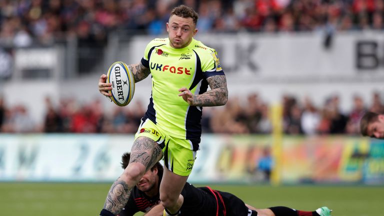 Josh Charnley attacking for Sale Sharks against Saracens in the Aviva Premiership