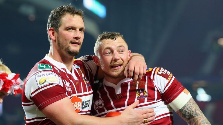  Sean O'Loghlin and Josh Charnley of Wigan Warriors celebrate victory in the First Utility Super League Final between Warrington Wolves and Wigan Warriors at Old Trafford