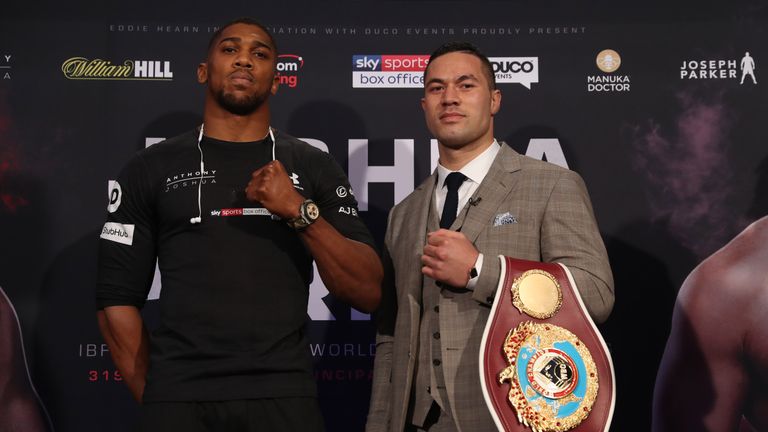 JOSHUA-PARKER PROMOTION.PRESS CONFERENCE,.SKY STUDIOS.ISLEWORTHMIDDX.PIC LAWRENCE LUSTIG.WBA.IBF,IBO,WBO HEAVYWEIGHT UNIFICATION.WORLD HEAVYWEIGHT CHAMPIONS ANTHONY JOSHUA AND JOSEPH PARKER.COME FACE TO FACE BEFORE THEIR UNIFICATION FIGHT ON EDDIE HEARNS MATCHROOM PROMOTION AT CARDIFFS PRINCIPALITY STADIUM ON SATURDAY(MARCH 31ST)