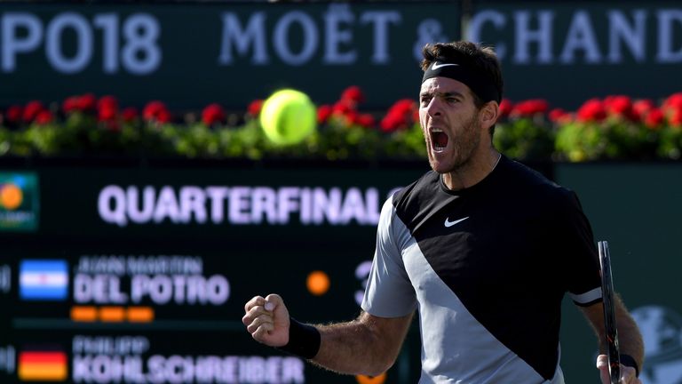 Juan Martin Del Potro of Argentina reacts to match point over Philipp Kohlschreiber of Germany during the BNP Paribas Open at the Indian Wells Tennis Garden on March 16, 2018 in Indian Wells, California