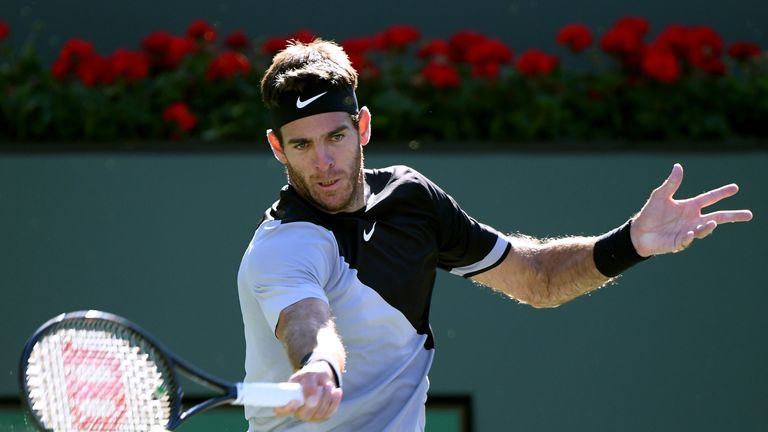 Juan Martin del Potro of Argentina hits a forehand in his quarterfinal win over Philipp Kohlschreiber of Germany during the BNP Paribas Open at the Indian Wells Tennis Garden on March 16, 2018 in Indian Wells, California