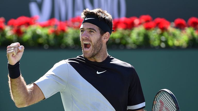 Juan Martin del Potro of Argentina celebrates after defeating Milos Raonic of Canada during the semifinal match on Day 13 of the BNP Paribas Open on March 17, 2018 in Indian Wells, California