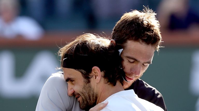 Juan Martin del Potro of Argentina is congratulated by Roger Federer of Switzerland after their match during the men's final on Day 14 of the BNP Paribas Open at the Indian Wells Tennis Garden on March 18, 2018 in Indian Wells, California
