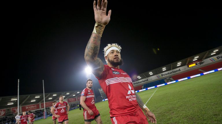 Salford's Junior Sa'u thanks the fans for their support after they defeat Hull FC.