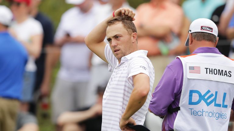 AUSTIN, TX - MARCH 25:  Justin Thomas of the United States reacts after being defeating by Bubba Watson of the United States 3&2 on the 16th green during the semifinal round of the World Golf Championships-Dell Match Play at Austin Country Club on March 25, 2018 in Austin, Texas.  (Photo by Richard Heathcote/Getty Images)