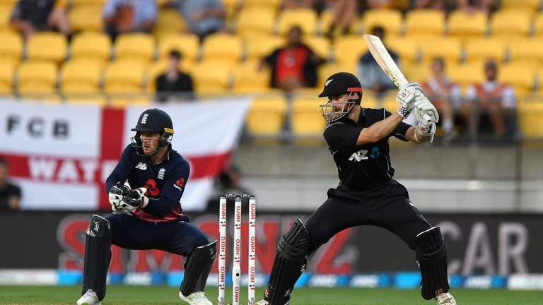 Kane Williamson plays a shot during the 3rd ODI between New Zealand and England