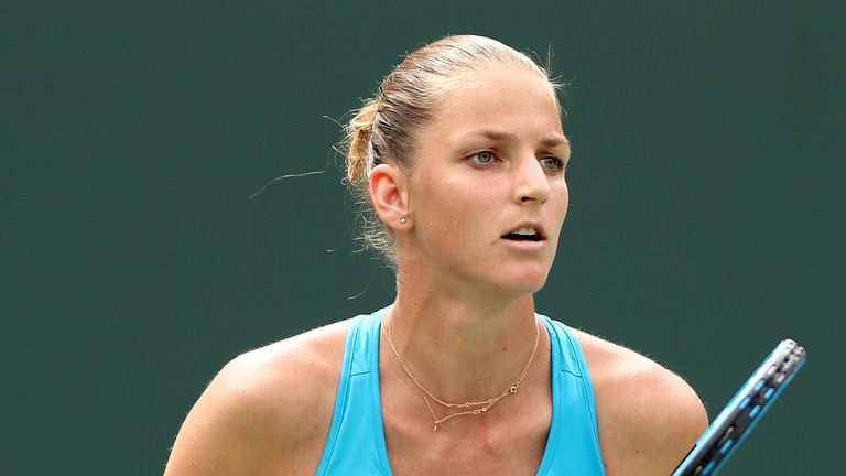 Karolina Pliskova of Czech Republic plays Amanda Anisimova during the BNP Paribas Open at the Indian Wells Tennis Garden on March 13, 2018 in Indian Wells, California