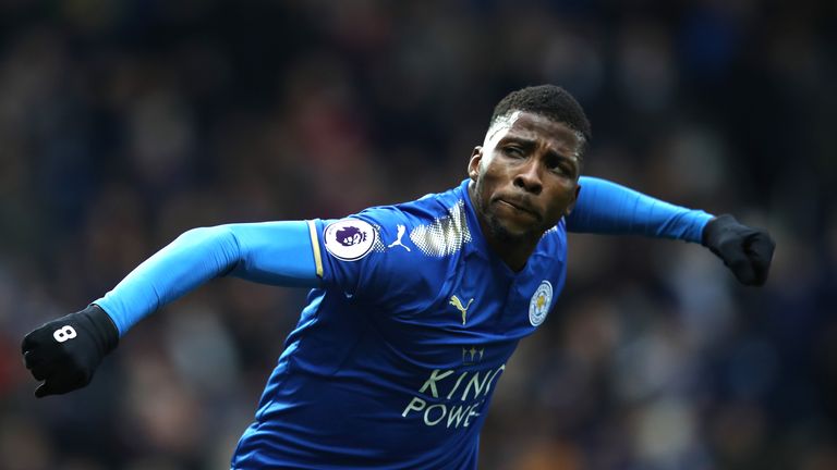 Iheanacho celebrates after scoring for Leicester against West Brom