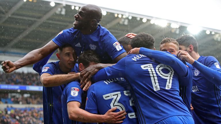 Cardiff City's Kenneth Zohore is mobbed by teammates after scoring his side's first goal of the game during the Sky Bet Championship match against Burton Albion