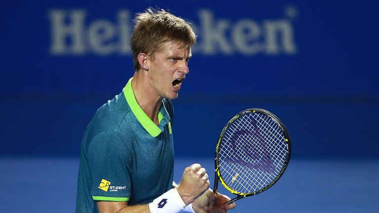 Kevin Anderson of South Africa celebrates a point during the match between Hyeon Chung of Korea and Kevin Anderson of South Africa as part of the Telcel ATP Mexican Open