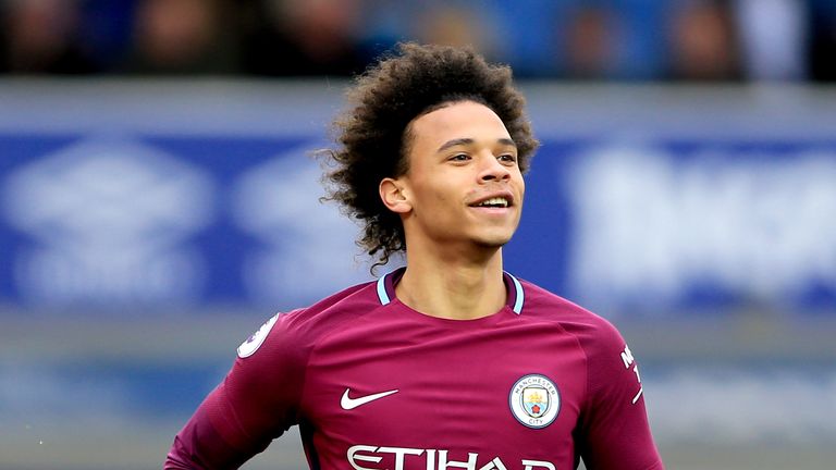 Manchester City's Leroy Sane celebrates scoring his side's first goal of the game during the Premier League match at Goodison Park