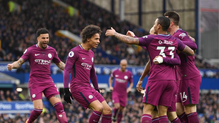 Manchester City's Leroy Sane celebrates scoring his side's first goal of the game during the Premier League match at Goodison Park